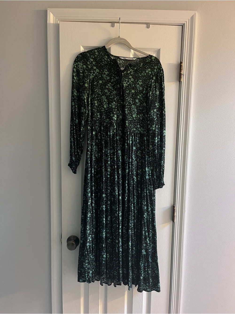 Zara’s Long Sleeve Black & Green Floral Midi Dress